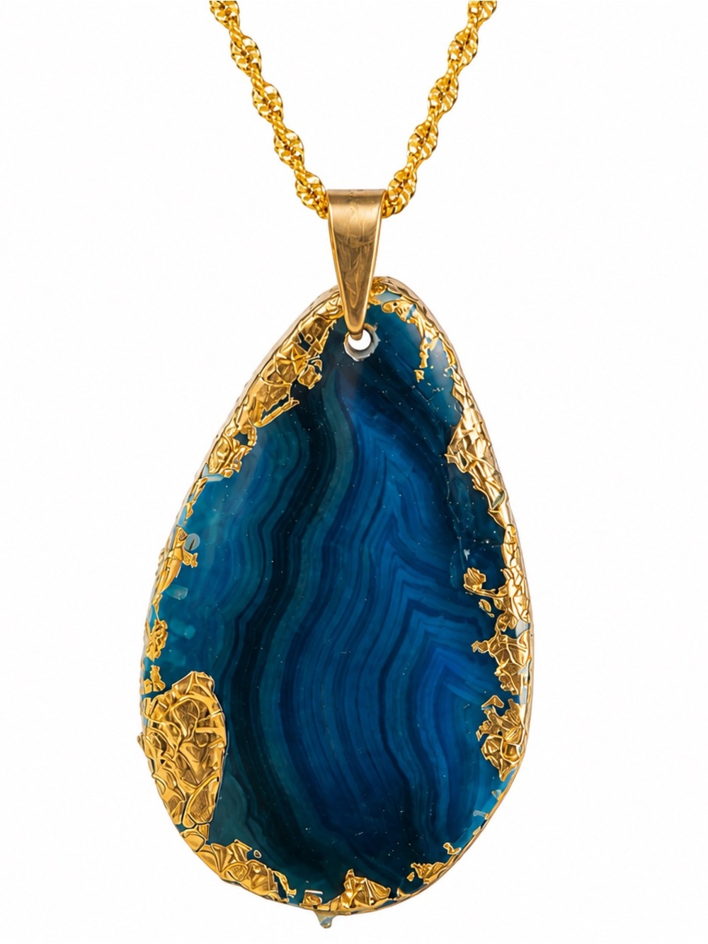 Handmade Blue Agate Pendant Necklace Gold Plated 45cm Statement Jewelry - Picture 3 of 8